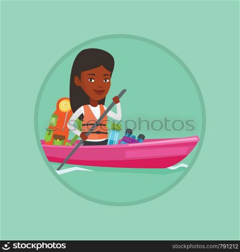 African-american traveling woman riding in a kayak on the river with skull in hands. Woman traveling by kayak during summer trip. Vector flat design illustration in the circle isolated on background.. Woman riding in kayak vector illustration.