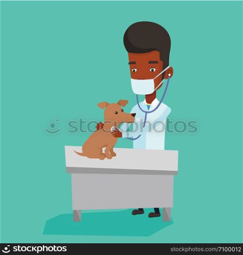 African-american veterinarian examining dog in hospital. Veterinarian checking heartbeat of a dog with stethoscope. Concept of medicine and pet care. Vector flat design illustration. Square layout.. Veterinarian examining dog vector illustration.