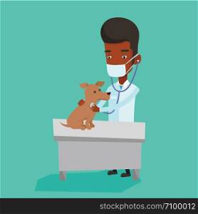 African-american veterinarian examining dog in hospital. Veterinarian checking heartbeat of a dog with stethoscope. Concept of medicine and pet care. Vector flat design illustration. Square layout.. Veterinarian examining dog vector illustration.