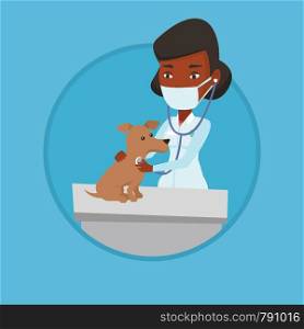 African-american veterinarian examining dog in hospital. Veterinarian checking heartbeat of dog with stethoscope. Pet care concept. Vector flat design illustration in the circle isolated on background. Veterinarian examining dog vector illustration.