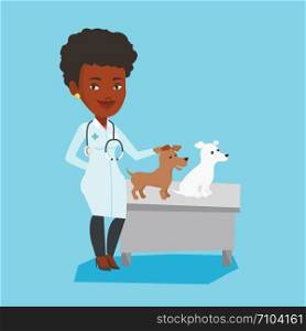 African-american veterinarian with stethoscope examining dogs in hospital. Female veterinarian with dogs at vet clinic. Concept of medicine and pet care. Vector flat design illustration. Square layout. Veterinarian examining dogs vector illustration.