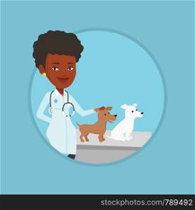 African-american veterinarian with stethoscope examining dogs in hospital. Veterinarian with dogs at vet clinic. Pet care concept. Vector flat design illustration in the circle isolated on background.. Veterinarian examining dogs vector illustration.