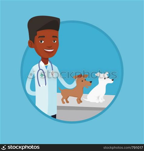 African-american veterinarian with stethoscope examining dogs in hospital. Veterinarian with dogs at vet clinic. Pet care concept. Vector flat design illustration in the circle isolated on background.. Veterinarian examining dogs vector illustration.