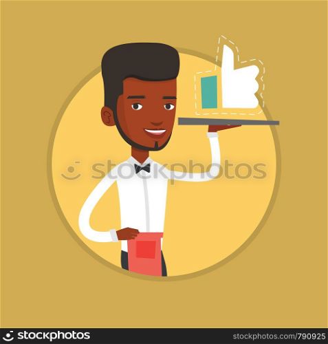 African-american waiter holding restaurant tray with social network like button. Young waiter carrying tray with like button. Vector flat design illustration in the circle isolated on background.. Waiter with like button vector illustration.