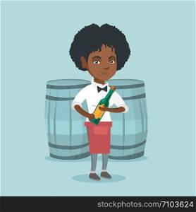 African-american waitress holding a bottle of wine in hands on the background wine barrels. Young waitress presenting a wine bottle. Vector cartoon illustration. Square layout.. African-american waitress holding a bottle of wine