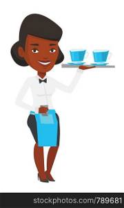 African-american waitress standing with tray with cups of hot flavoured coffee. Waitress holding a tray with cups of tea or coffee. Vector flat design illustration isolated on white background.. Waitress holding tray with cups of coffeee or tea.