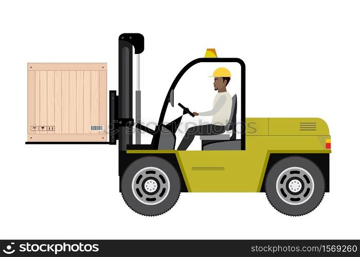 African american warehouse worker loading wooden boxes. Forklift driver at work in storehouse. Warehouse worker in flat style isolated on white background,vector illustration. African american warehouse worker loading wooden boxes.