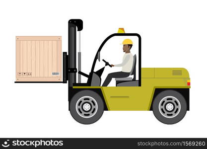 African american warehouse worker loading wooden boxes. Forklift driver at work in storehouse. Warehouse worker in flat style isolated on white background,vector illustration. African american warehouse worker loading wooden boxes.