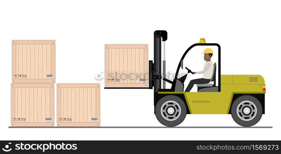 African american warehouse worker loading wooden boxes. Forklift driver at work in storehouse. Warehouse worker in flat style isolated on white background,vector illustration.. African american warehouse worker loading wooden boxes