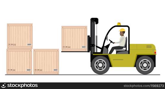 African american warehouse worker loading wooden boxes. Forklift driver at work in storehouse. Warehouse worker in flat style isolated on white background,vector illustration.. African american warehouse worker loading wooden boxes