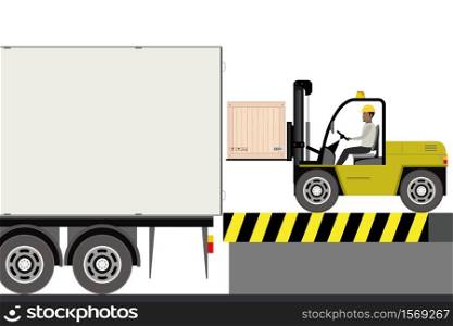 African american warehouse worker loading wooden boxes in long truck. Forklift driver at work in storehouse,flat vector illustration.. Forklift driver at work in storehouse