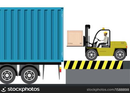 African american warehouse worker loading wooden boxes in long truck with container. Forklift driver at work in storehouse,flat vector illustration. Forklift driver at work in storehouse
