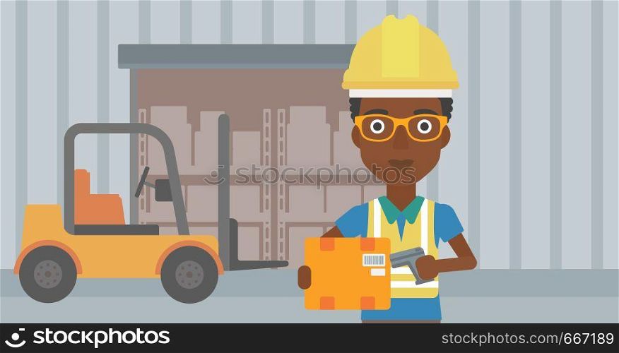African-american warehouse worker scanning barcode on box. Warehouse worker checking barcode of box with a scanner. Woman in hard hat with scanner. Vector flat design illustration. Horizontal layout.. Warehouse worker scanning barcode on box.