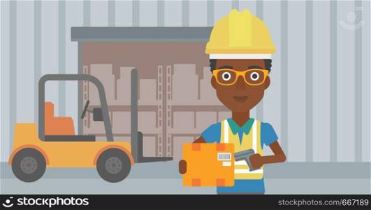 African-american warehouse worker scanning barcode on box. Warehouse worker checking barcode of box with a scanner. Woman in hard hat with scanner. Vector flat design illustration. Horizontal layout.. Warehouse worker scanning barcode on box.