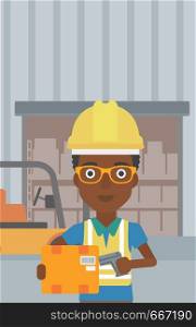 African-american warehouse worker scanning barcode on box. Warehouse worker checking barcode of box with a scanner. Woman in hard hat with scanner. Vector flat design illustration. Vertical layout.. Warehouse worker scanning barcode on box.