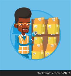 African-american warehouse worker scanning barcode on boxes with scanner. Warehouse worker checking barcode of boxes with scanner. Vector flat design illustration in the circle isolated on background.. Warehouse worker scanning barcode on box.