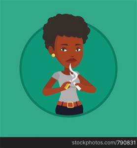 African-american woman breaking the cigarette. Woman crushing cigarette. Sad woman holding broken cigarette. Quit smoking concept. Vector flat design illustration in the circle isolated on background.. Young woman quitting smoking vector illustration.