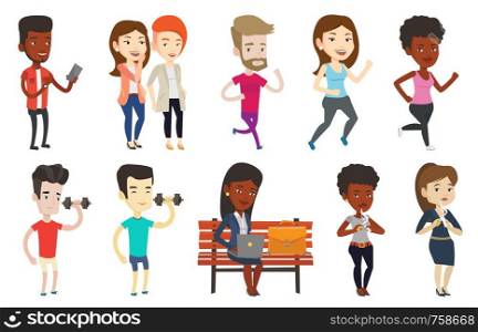 African-american woman breaking the cigarette. Woman crushing cigarette. Woman holding broken cigarette. Quit smoking concept. Set of vector flat design illustrations isolated on white background.. Vector set of sport characters.