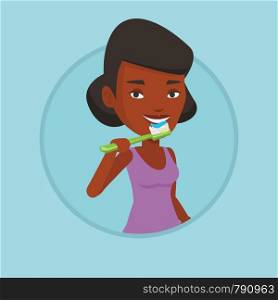 African-american woman brushing teeth. Woman cleaning teeth. Woman taking care of her teeth. Happy girl with toothbrush in hand. Vector flat design illustration in the circle isolated on background.. Woman brushing her teeth vector illustration.