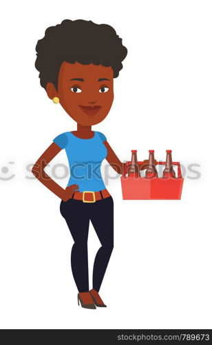 African-american woman buying beer. Young happy woman holding pack of beer. Full length of cheerful woman carrying a six pack of beer. Vector flat design illustration isolated on white background.. Woman with pack of beer vector illustration.