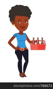 African-american woman buying beer. Young happy woman holding pack of beer. Full length of cheerful woman carrying a six pack of beer. Vector flat design illustration isolated on white background.. Woman with pack of beer vector illustration.