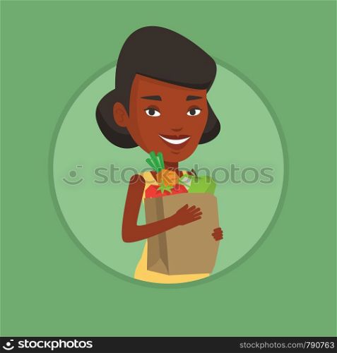 African-american woman carrying grocery shopping bag with vegetables. Young woman holding grocery shopping bag with healthy food. Vector flat design illustration in the circle isolated on background.. Happy woman holding grocery shopping bag.