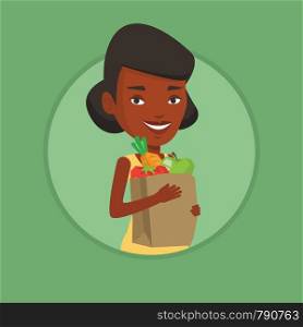 African-american woman carrying grocery shopping bag with vegetables. Young woman holding grocery shopping bag with healthy food. Vector flat design illustration in the circle isolated on background.. Happy woman holding grocery shopping bag.