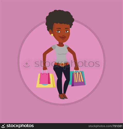 African-american woman carrying shopping bags. Smiling woman holding shopping bags. Woman standing with a lot of shopping bags. Vector flat design illustration in the circle isolated on background.. Happy woman with shopping bags vector illustration