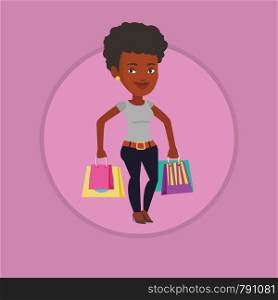 African-american woman carrying shopping bags. Smiling woman holding shopping bags. Woman standing with a lot of shopping bags. Vector flat design illustration in the circle isolated on background.. Happy woman with shopping bags vector illustration