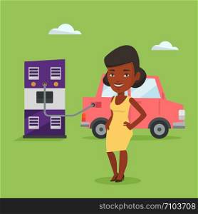 African-american woman charging electric car at charging station. Woman standing near power supply for electric car charging. Vector flat design illustration. Square layout.. Charging of electric car vector illustration.