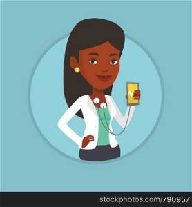 African-american woman checking blood pressure with smartphone application. Woman measuring heart rate pulse with smartphone app. Vector flat design illustration in the circle isolated on background.. Woman measuring heart rate pulse with smartphone.