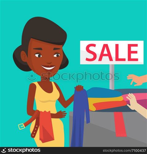 African-american woman choosing clothes in shop on sale. Happy customer buying clothes at store on sale. Young woman shopping in clothes shop on sale. Vector flat design illustration. Square layout.. Young woman choosing clothes in shop on sale.