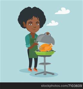 African-american woman cooking a whole chicken on the barbecue outdoors. Young woman holding kitchen tongs and preparing chicken on the barbecue grill. Vector cartoon illustration. Square layout.. African woman cooking chicken on the barbecue.