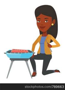 African-american woman cooking meat on the barbecue grill outdoors. Young woman having a barbecue party. Smiling woman preparing barbecue. Vector flat design illustration isolated on white background.. Woman cooking meat on barbecue.