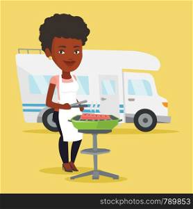 African-american woman cooking steak on the barbecue grill on the background of camper van. Woman travelling by camper van and having barbecue party. Vector flat design illustration. Square layout.. Woman having barbecue in front of camper van.