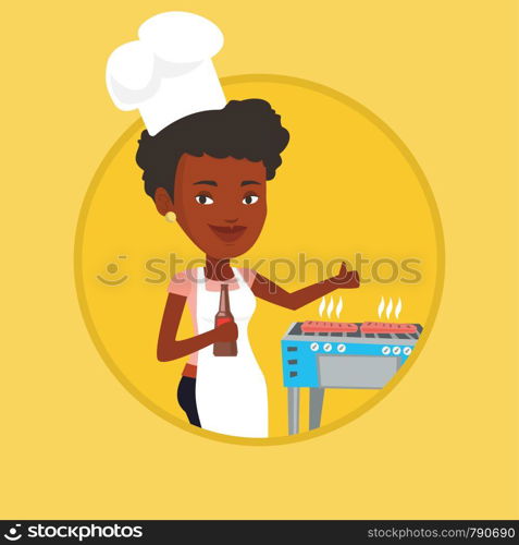 African-american woman cooking steak on the barbecue grill outdoor. Woman cooking steak on gas barbecue grill and giving thumb up. Vector flat design illustration in the circle isolated on background.. Woman cooking steak on barbecue grill.