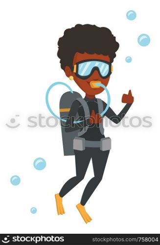 African-american woman diving with scuba and showing ok sign. Woman in diving suit snorkeling and giving thumb up. Woman enjoying the dive. Vector flat design illustration isolated on white background. Woman diving with scuba and showing ok sign.