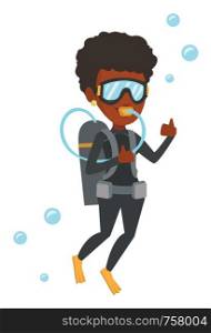 African-american woman diving with scuba and showing ok sign. Woman in diving suit snorkeling and giving thumb up. Woman enjoying the dive. Vector flat design illustration isolated on white background. Woman diving with scuba and showing ok sign.