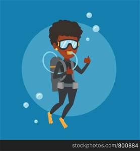 African-american woman diving with scuba and showing ok sign. Young woman in diving suit snorkeling and giving thumb up. Woman enjoying the dive. Vector flat design illustration. Square layout.. Woman diving with scuba and showing thumb up.