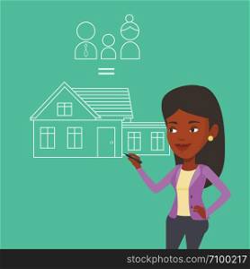 African-american woman drawing family house. Smiling woman drawing a house with a family. Happy woman dreaming about future life in a new family house. Vector flat design illustration. Square layout.. Young woman drawing her family house.