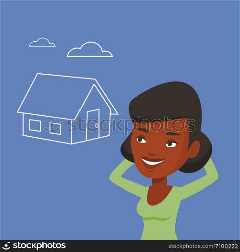 African-american woman dreaming about future life in a new house. Happy woman planning her future purchase of house. Woman thinking about buying a house. Vector flat design illustration. Square layout. Woman dreaming about buying new house.