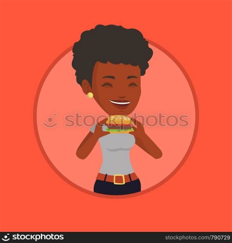 African-american woman eating hamburger. Happy woman with eyes closed biting hamburger. Woman is about to eat delicious hamburger. Vector flat design illustration in the circle isolated on background.. Woman eating hamburger vector illustration.