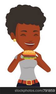 African-american woman eating hamburger. Happy woman with eyes closed biting hamburger. Young woman is about to eat delicious hamburger. Vector flat design illustration isolated on white background.. Woman eating hamburger vector illustration.