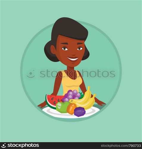 African-american woman eating healthy fruits. Woman standing in front of table with fresh fruits. Woman with plate full of fruits. Vector flat design illustration in the circle isolated on background.. Woman with fresh fruits vector illustration.