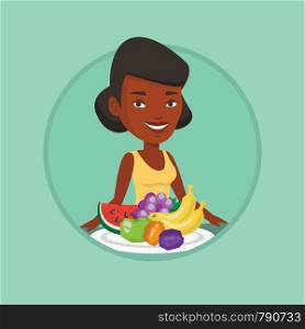 African-american woman eating healthy fruits. Woman standing in front of table with fresh fruits. Woman with plate full of fruits. Vector flat design illustration in the circle isolated on background.. Woman with fresh fruits vector illustration.