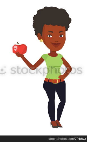 African-american woman enjoying fresh healthy apple. Woman holding an apple in hand. Woman eating an apple. Concept of healthy nutrition. Vector flat design illustration isolated on white background.. Young woman holding apple vector illustration.