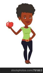 African-american woman enjoying fresh healthy apple. Woman holding an apple in hand. Woman eating an apple. Concept of healthy nutrition. Vector flat design illustration isolated on white background.. Young woman holding apple vector illustration.