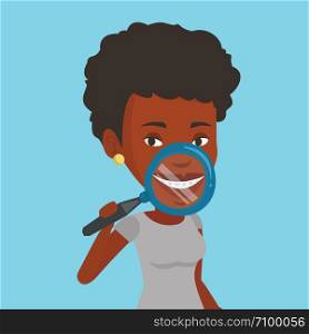 African-american woman examining her teeth with magnifier. Smiling woman holding a magnifying glass in front of her teeth. Concept of teeth examining. Vector flat design illustration. Square layout.. Woman examining her teeth vector illustration.