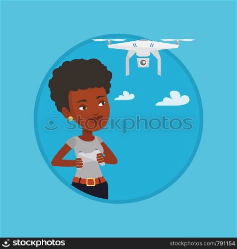 African-american woman flying drone with remote control. Woman operating a drone with remote control. Woman controling a drone. Vector flat design illustration in the circle isolated on background.. Woman flying drone vector illustration.