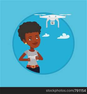 African-american woman flying drone with remote control. Woman operating a drone with remote control. Woman controling a drone. Vector flat design illustration in the circle isolated on background.. Woman flying drone vector illustration.
